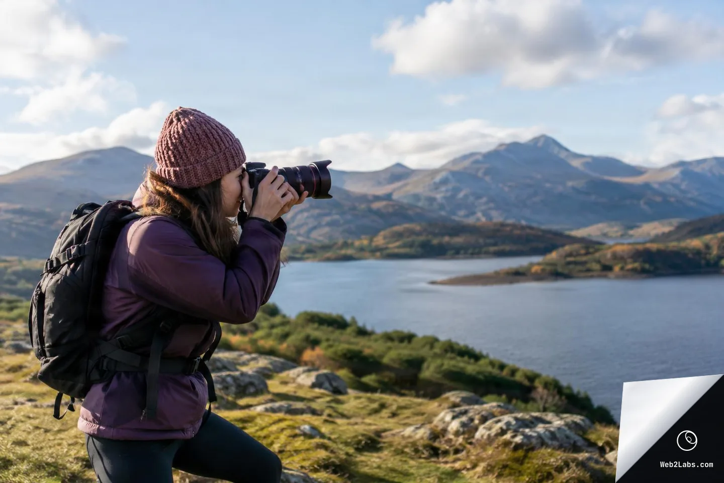 Woman wearing a knit beanie and backpack takes a photo with a DSLR camera on a hillside overlooking a lake and distant mountains under a partly cloudy sky.