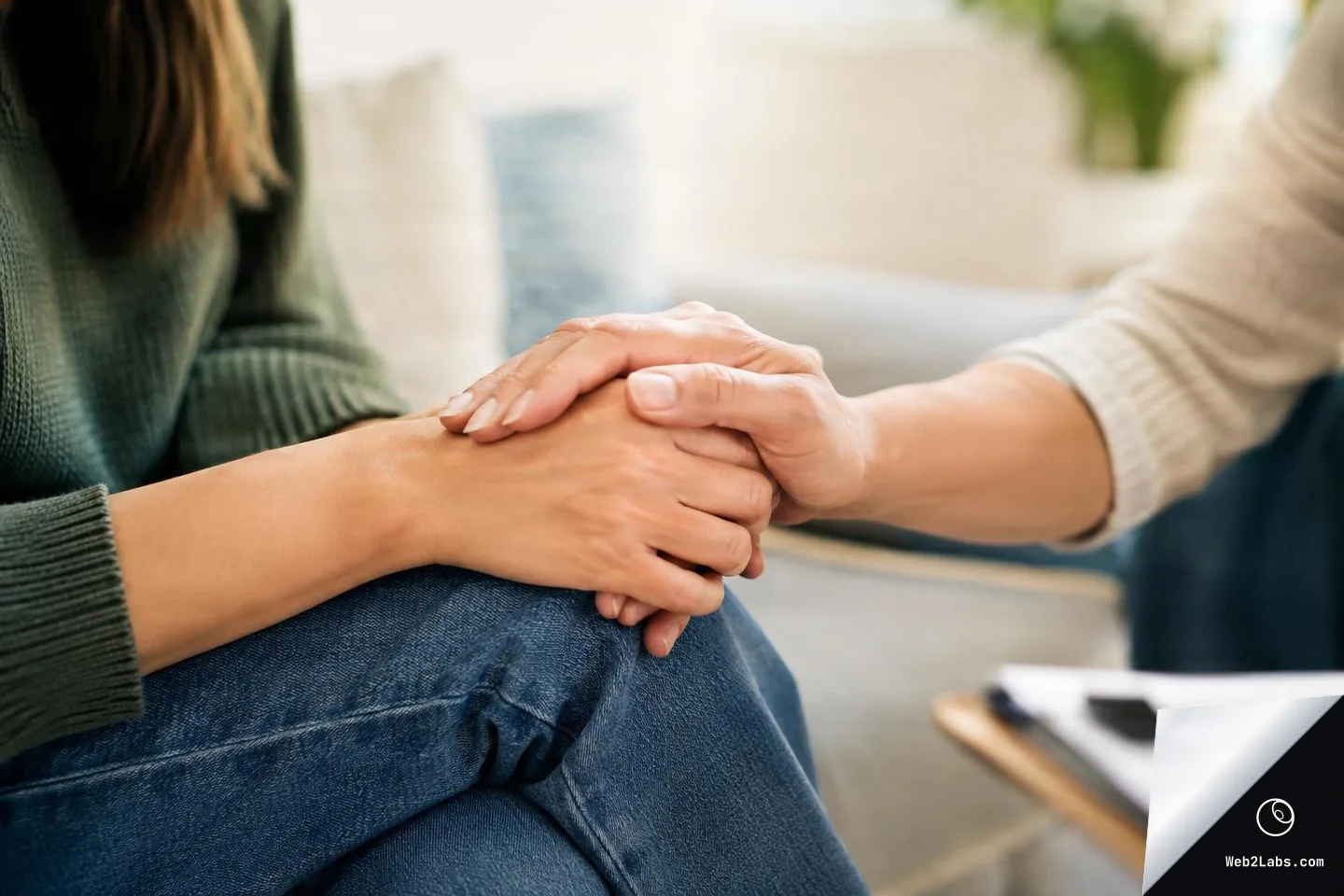 Close-up of two adults holding hands in a supportive gesture while seated on a sofa, with a softly blurred home or counseling office background.