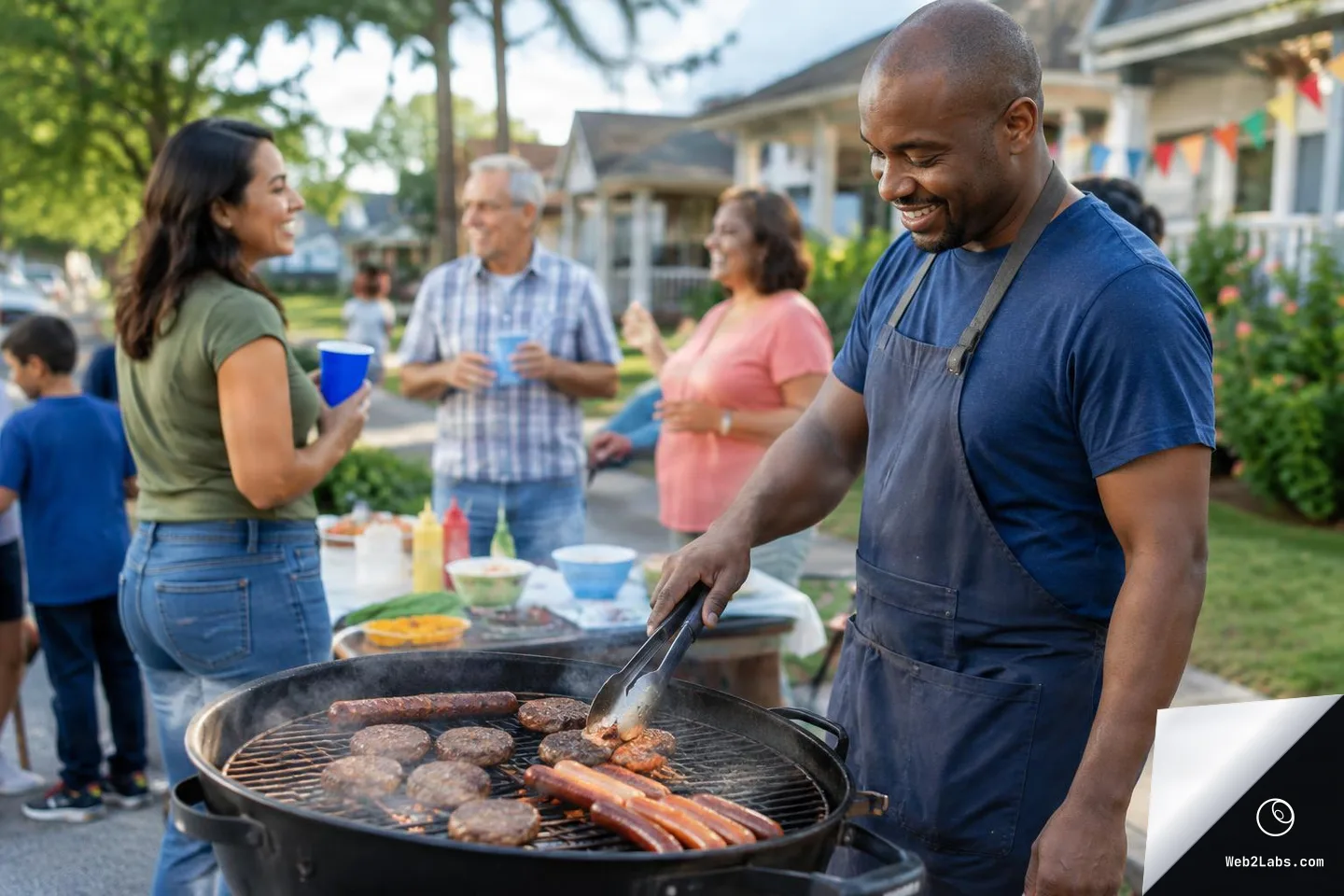 Man in an apron grilling burgers and hot dogs on a charcoal grill during a neighborhood gathering, with neighbors chatting near a table and houses in the background.