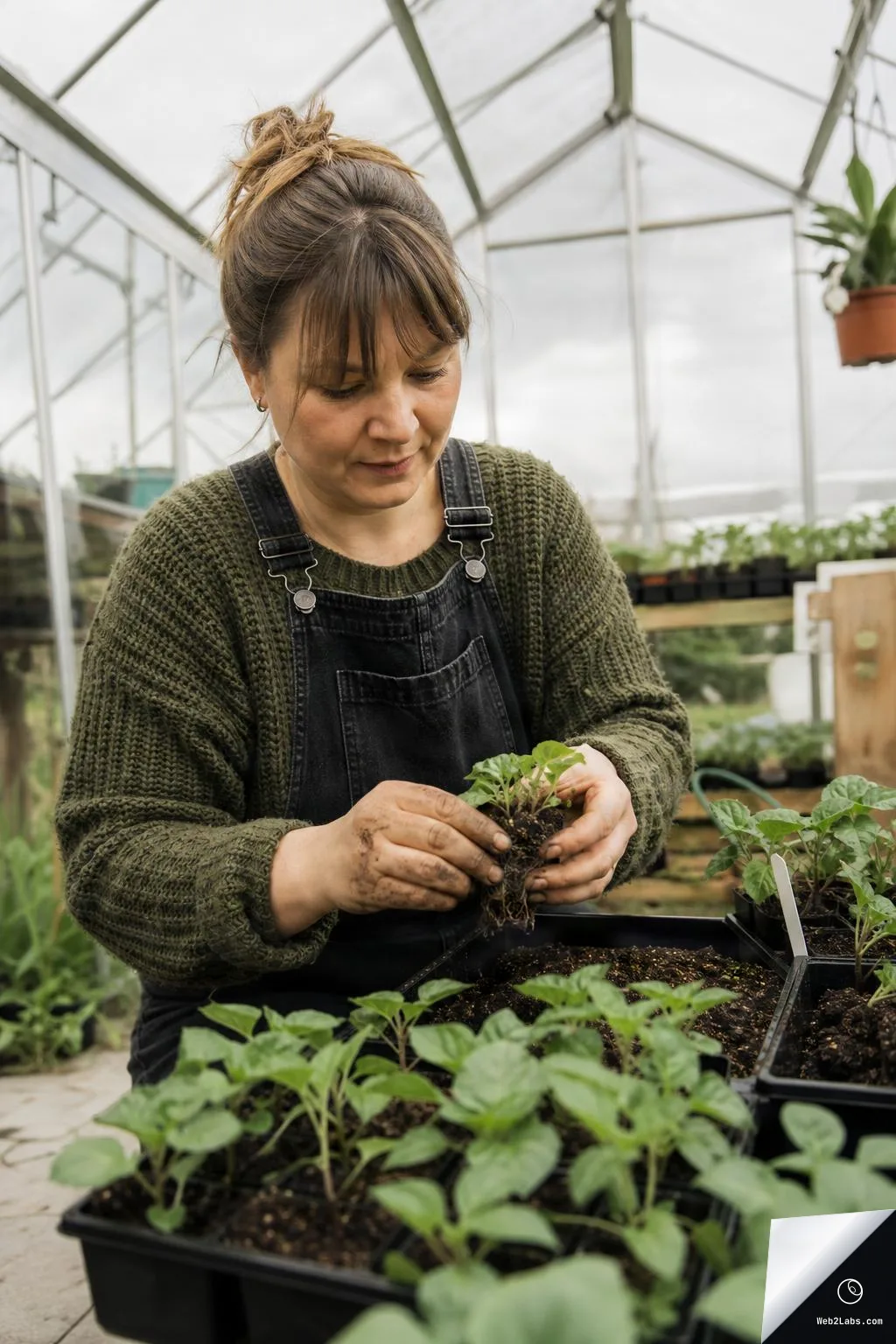 Woman in a greenhouse gently holding a seedling with roots exposed above soil trays of young plants on a workbench.