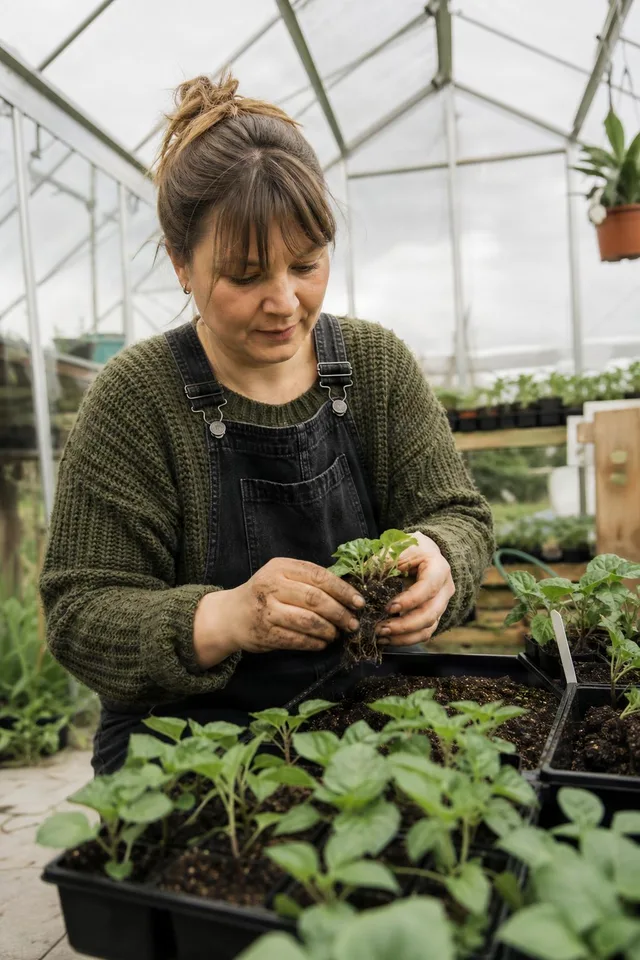 Gardener Potting Seedlings in Greenhouse