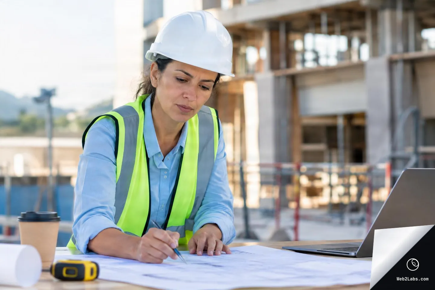 Woman wearing a white hard hat and high-visibility vest writes on large construction blueprints at a table with a laptop, coffee cup, tape measure, and rolled plans, with a building under construction blurred in the background.