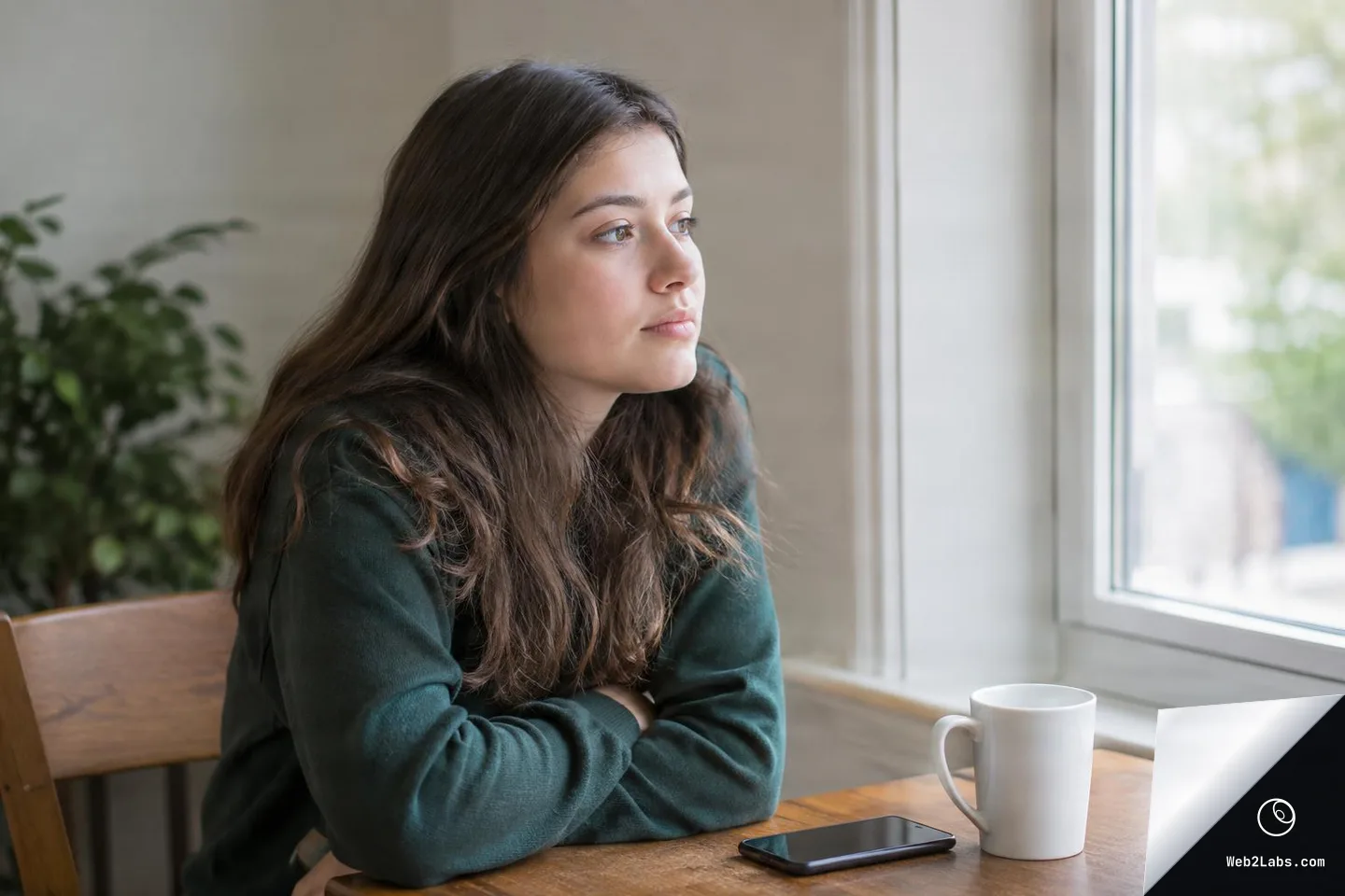 Young woman with long brown hair sits at a wooden table with arms folded, looking out a bright window; a white mug and a smartphone are on the table.