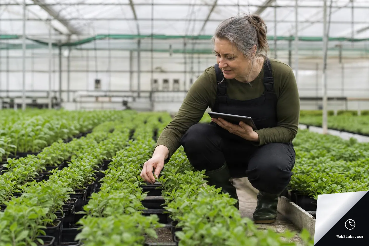 A woman crouches in a greenhouse aisle, holding a tablet and touching a seedling among rows of potted young plants.