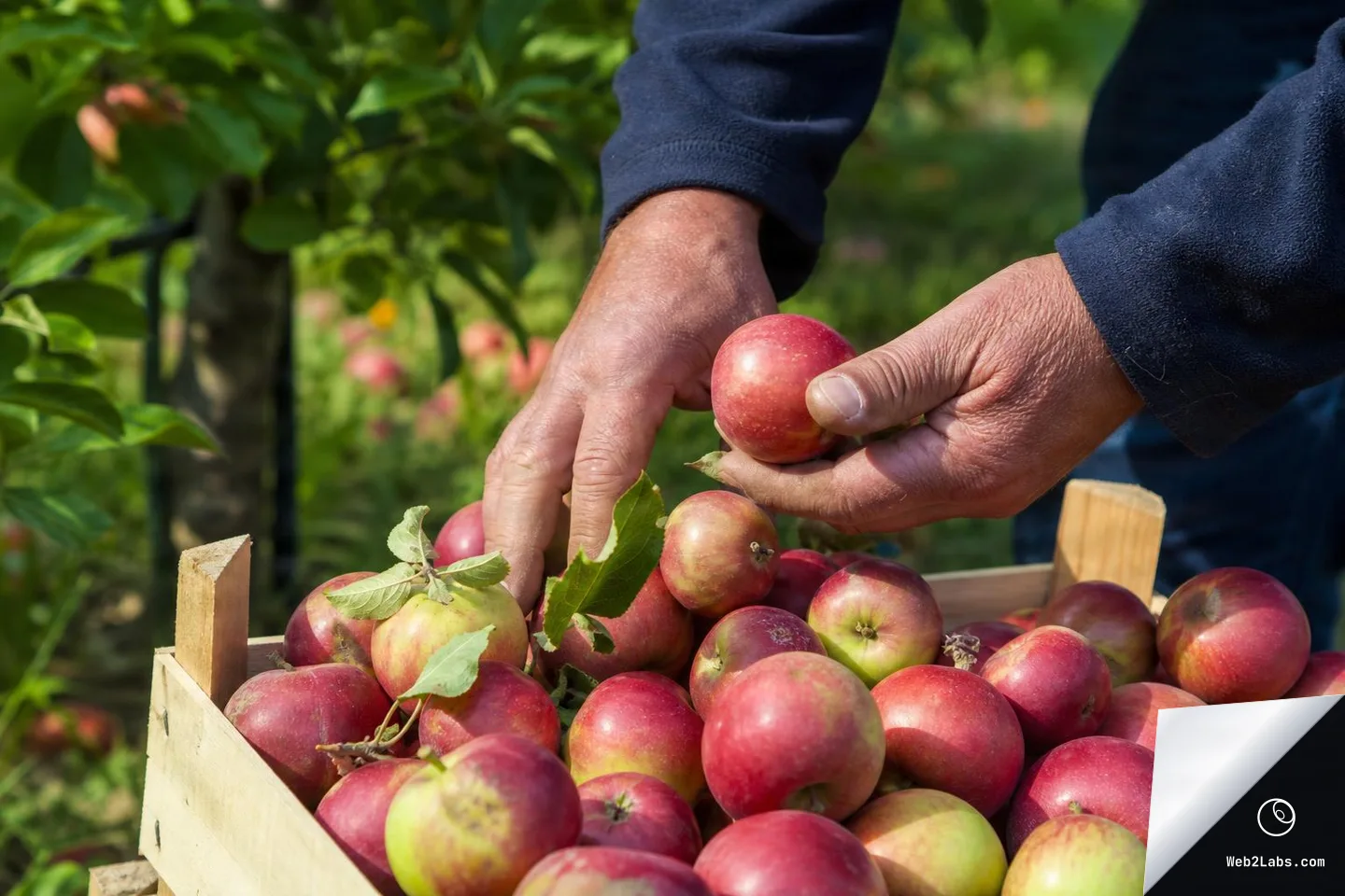Close-up of a person's hands picking up red apples from a wooden crate in an orchard, with trees blurred in the background.