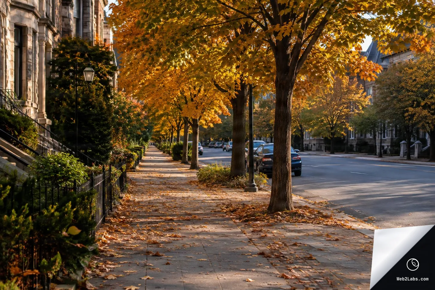 Tree-lined city sidewalk in autumn with golden leaves on the trees and scattered on the pavement, parked cars along the street, and historic stone buildings in warm sunlight.
