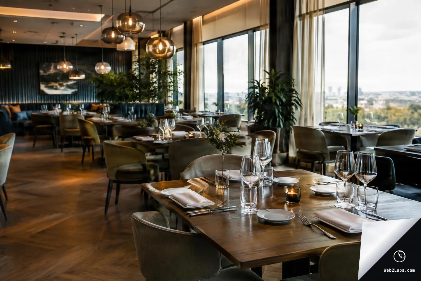 Spacious modern restaurant dining room with a wooden table set with wine glasses, water glasses, plates, folded napkins, cutlery, and a small candle, with more tables and large windows overlooking a city view.