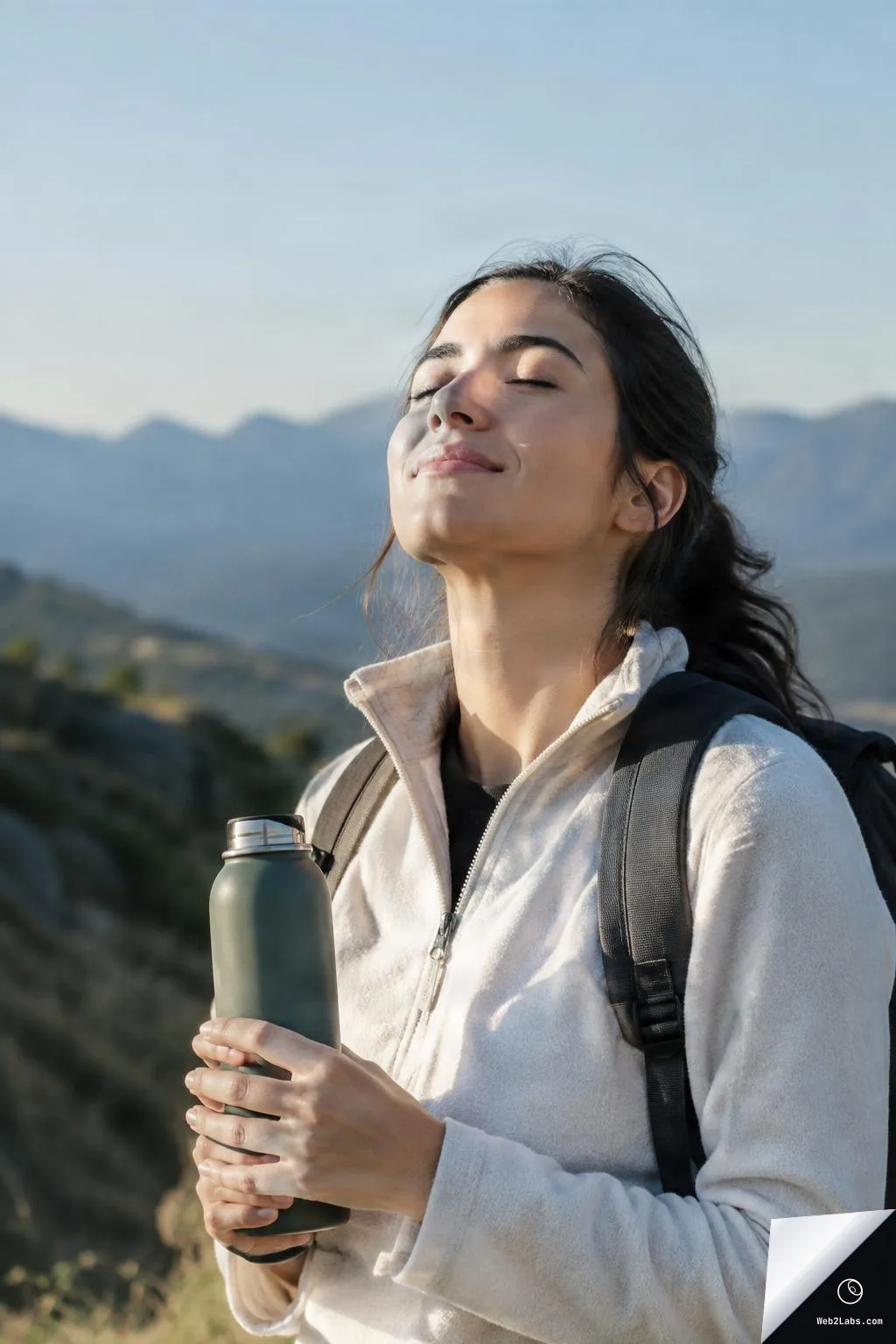 Close vertical portrait of a woman wearing a backpack and fleece jacket, holding a metal water bottle with eyes closed against a mountain landscape and blue sky.