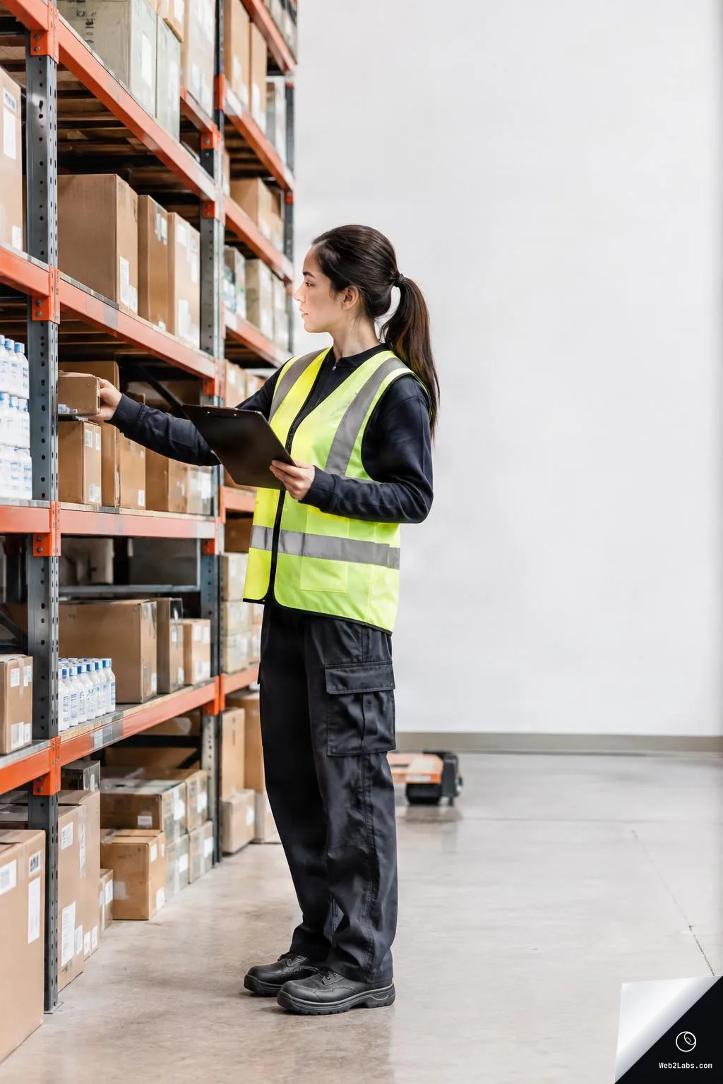 Warehouse worker in a yellow safety vest checks boxes on a storage rack while holding a clipboard, with empty white wall space on the right.