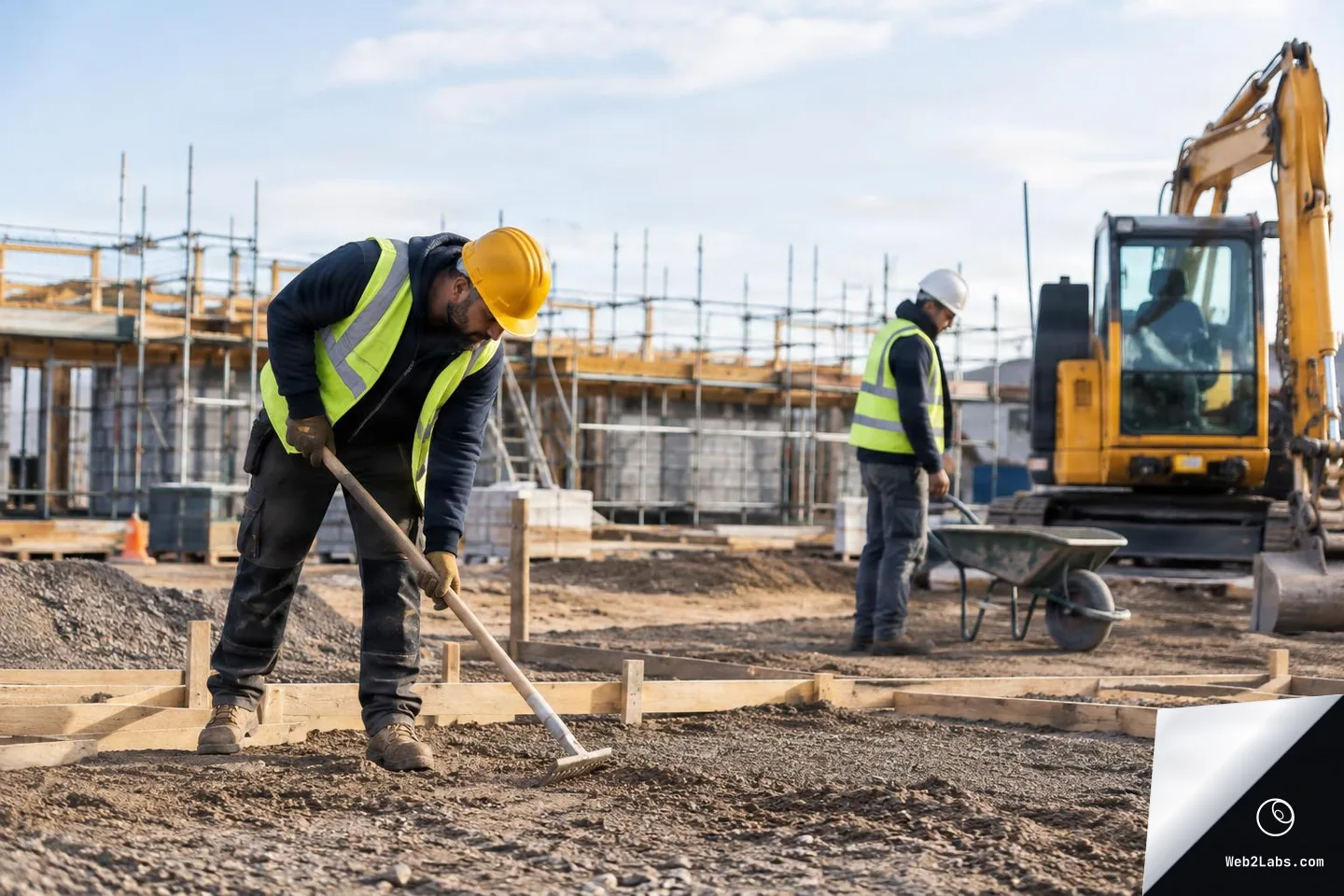 Worker in a yellow hard hat and safety vest rakes gravel inside wooden formwork at a construction site, while another worker stands near a wheelbarrow and an excavator in the background.