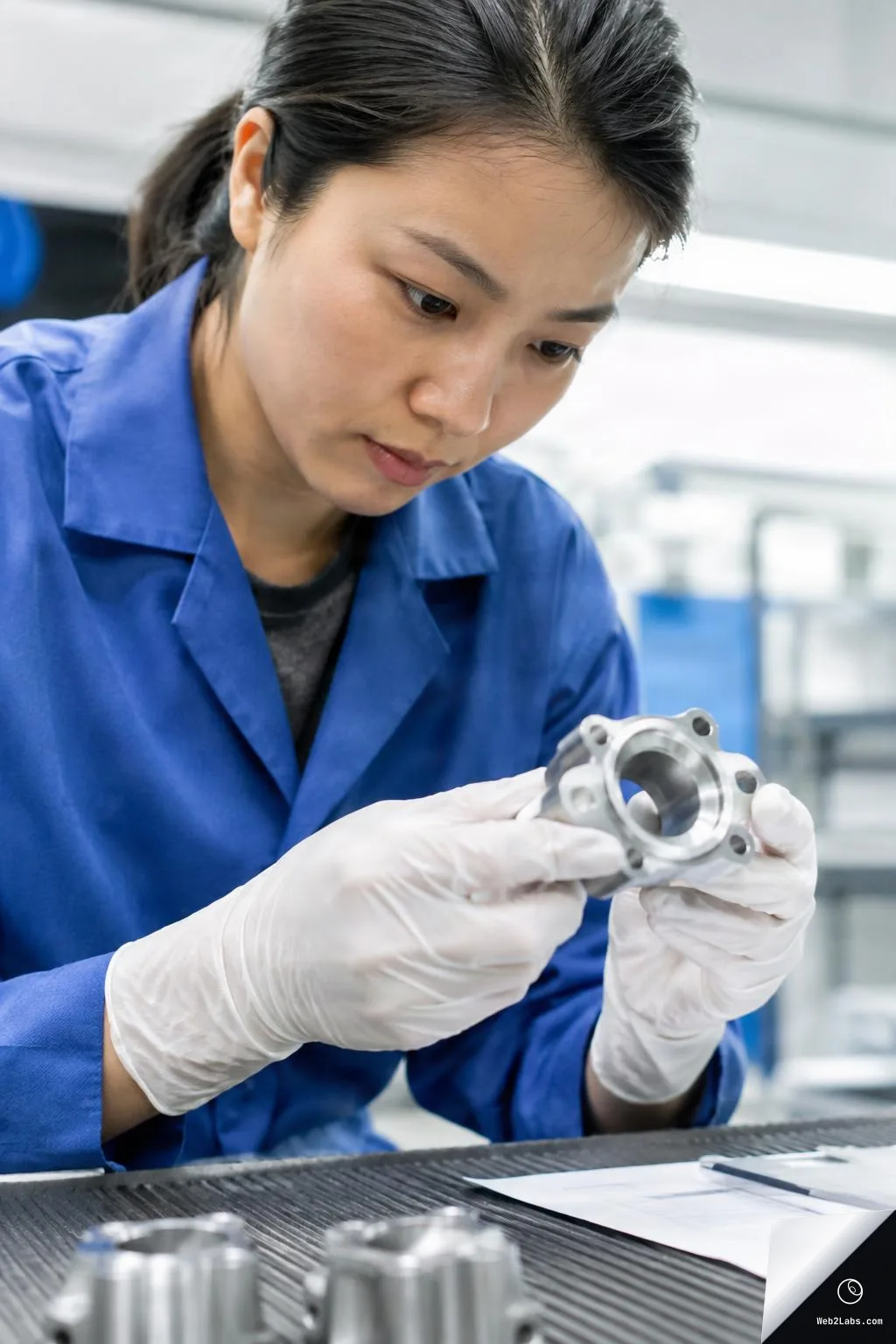 Technician in a blue lab coat and white gloves closely inspecting a metal machined component at a workbench in an industrial lab setting.