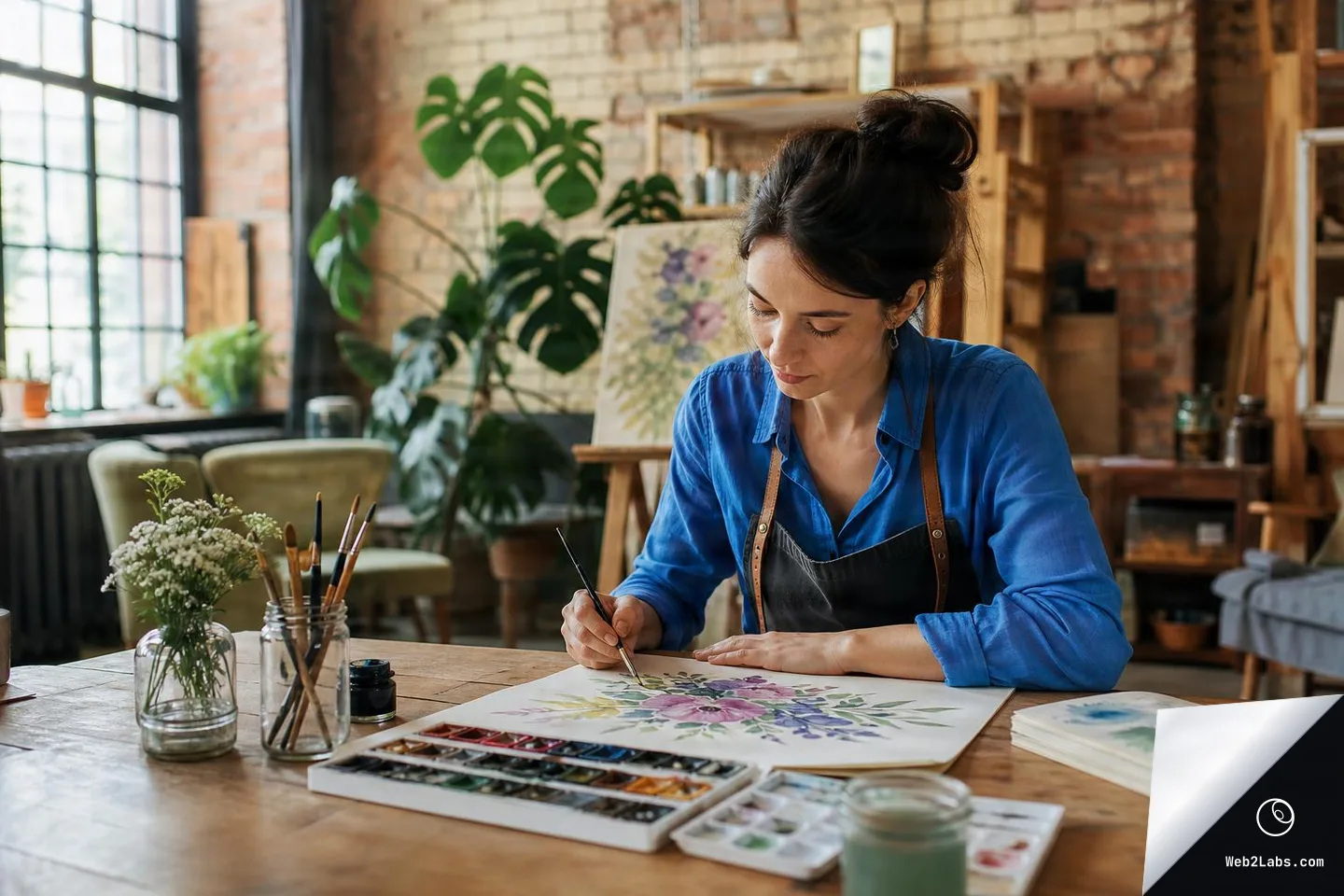 Woman in an apron painting a floral watercolor on paper at a wooden table with brushes and paint palettes in a sunlit studio with brick walls and plants.