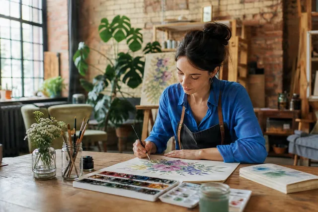 Artist Painting Watercolor Flowers