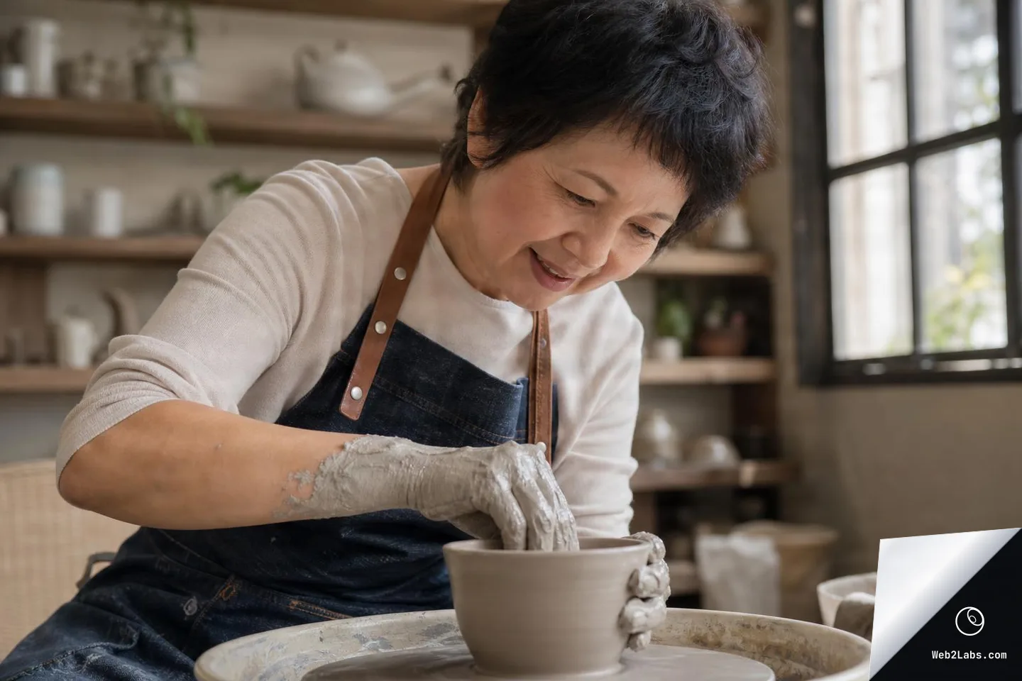 Adult wearing an apron shapes a clay pot on a pottery wheel with both hands covered in wet clay, in a studio with shelves and a window in the background.