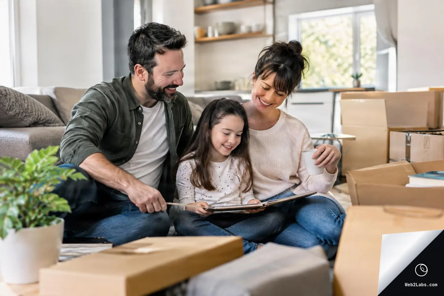 Smiling mother, father, and daughter sit on the floor in a new home surrounded by cardboard moving boxes, looking at a framed picture together in a bright living room and kitchen.