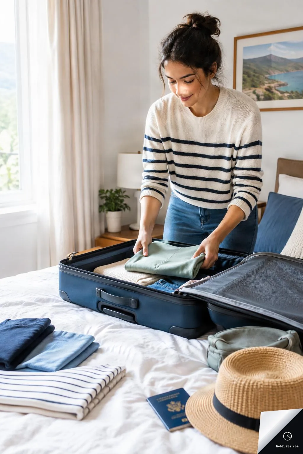 Woman in a striped sweater packs folded clothes into an open blue suitcase on a bed, with a straw hat and passport nearby in a bright bedroom.