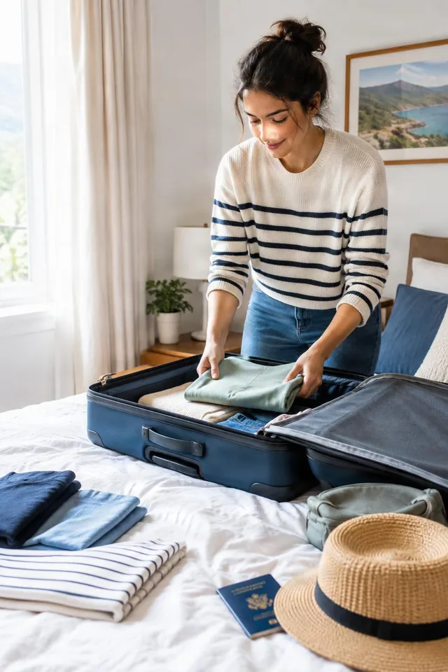 Woman Packing Suitcase on Bed