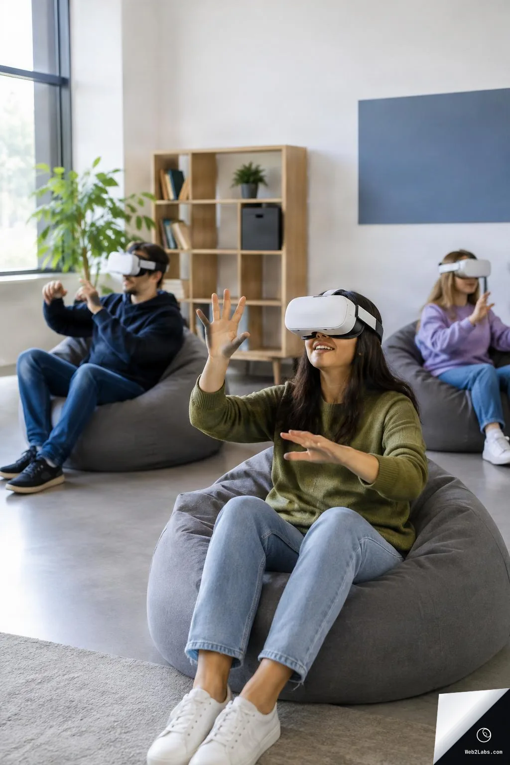 Three people sitting on gray beanbag chairs in a bright room, each wearing a white VR headset and gesturing with their hands, with a bookshelf and plants in the background.