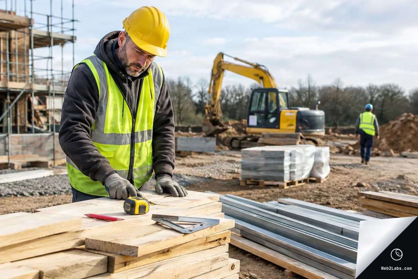 Worker in a yellow hard hat and high-visibility vest measures stacked wooden boards with a tape measure at an outdoor construction site, with an excavator and another worker in the background.