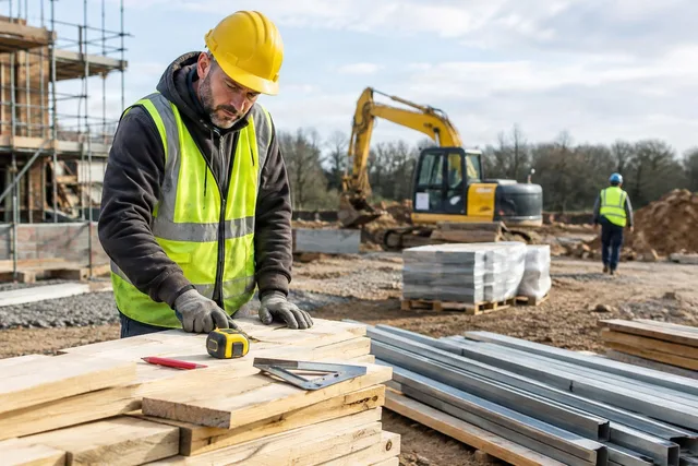 Construction Worker Measuring Lumber Stack