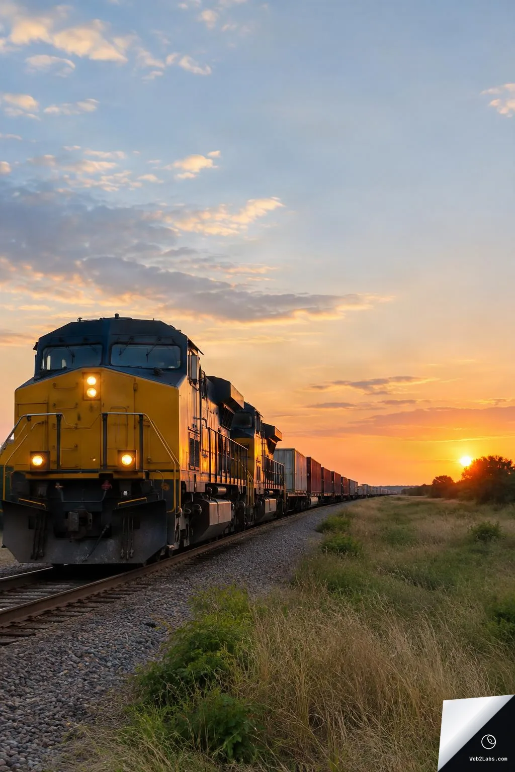 Yellow and blue freight locomotive pulling container cars on a curving track through grassy countryside at sunset, with a wide sky and open space on the right.