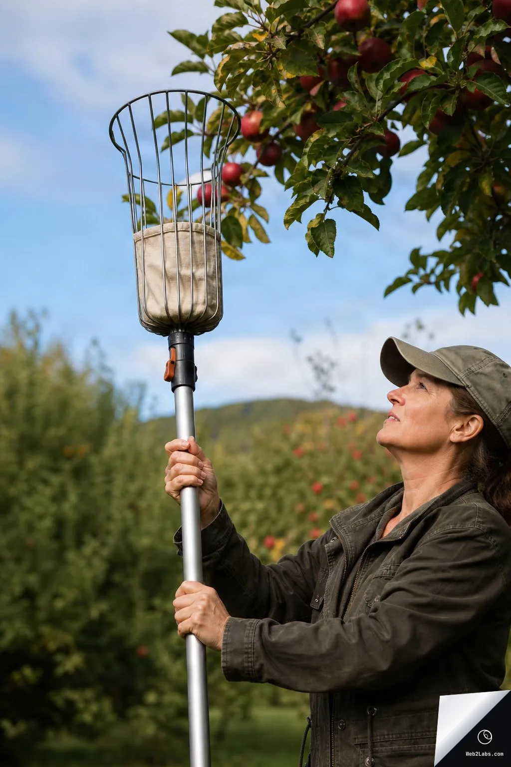 Woman in a cap holding a long-handled apple picking tool with a wire basket under a red apple tree, outdoors in an orchard with blue sky.
