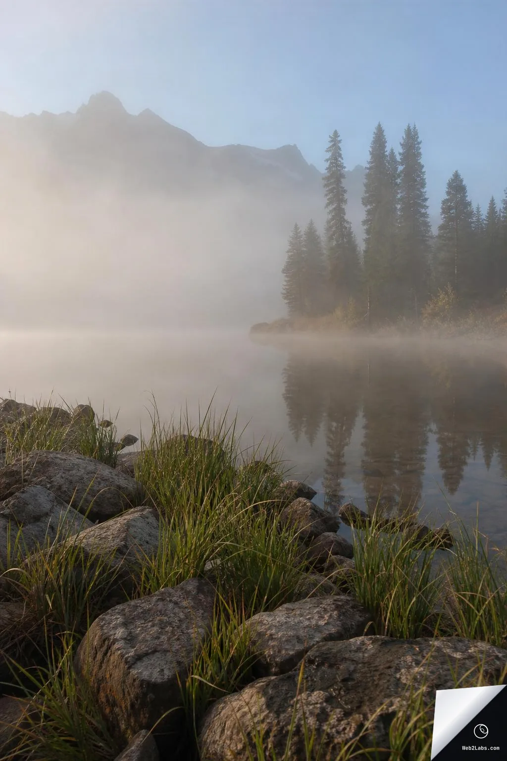 Vertical photo of a foggy mountain lake at sunrise with rocks and tall grass in the foreground, pine trees on the far shore, and hazy mountains in the background reflected in still water.