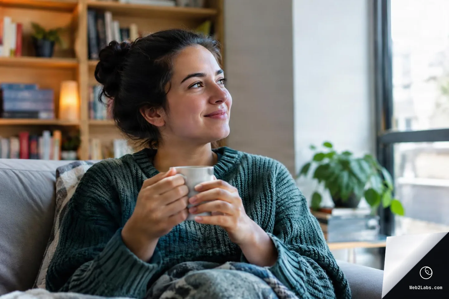 Woman in a green sweater sits on a couch holding a mug and smiling softly while looking out a bright window, with bookshelves and a plant in the background.