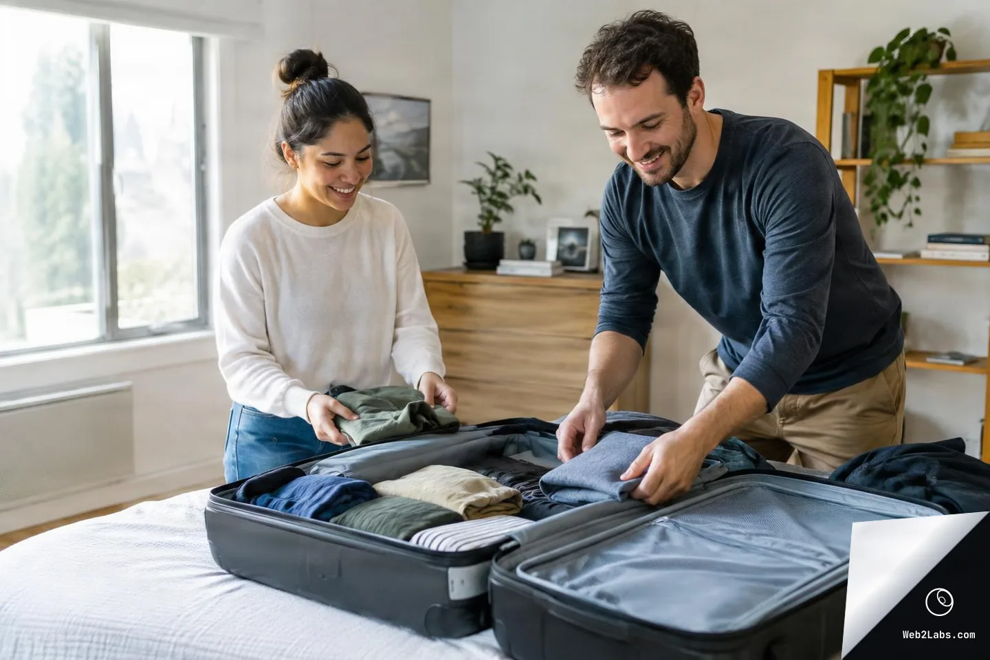 A smiling couple packs folded clothes into an open suitcase on a bed in a sunlit bedroom.