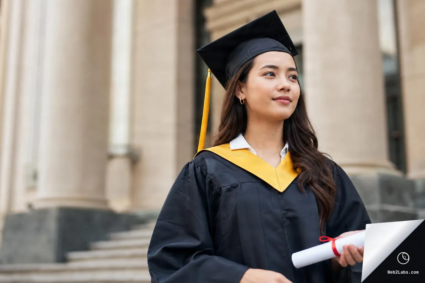Young woman in black graduation cap and gown with a yellow stole holds a rolled diploma tied with a red ribbon while standing in front of a large building with columns.