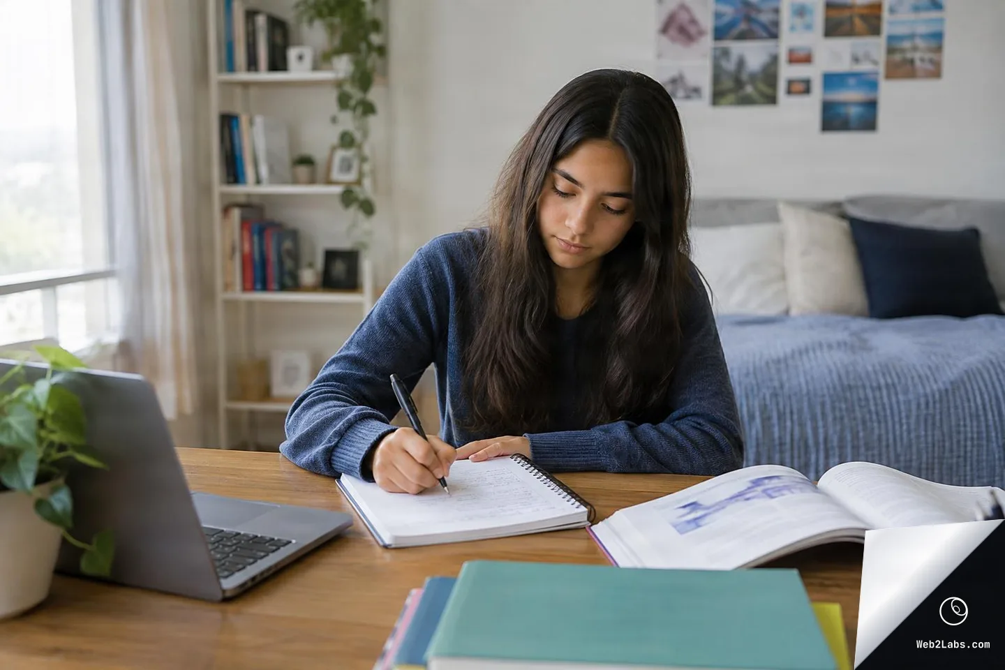 Young woman sitting at a wooden desk in a bedroom, writing notes in a spiral notebook beside an open textbook and a laptop, with bookshelves and a bed in the background.