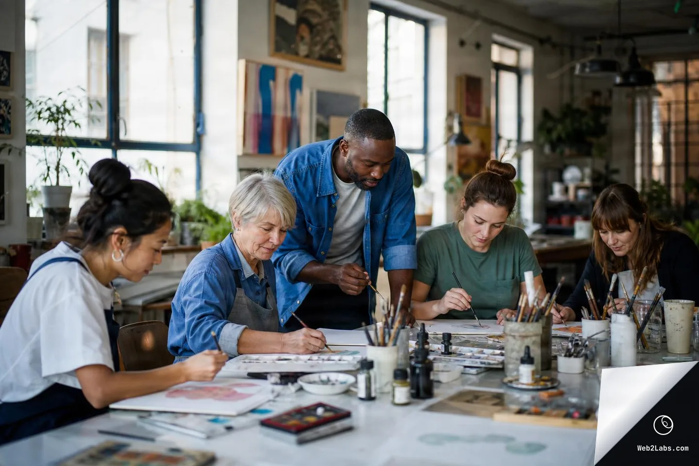 Five adults in an art studio sit and stand around a large table painting with brushes, palettes, and ink bottles while a facilitator leans in to help.