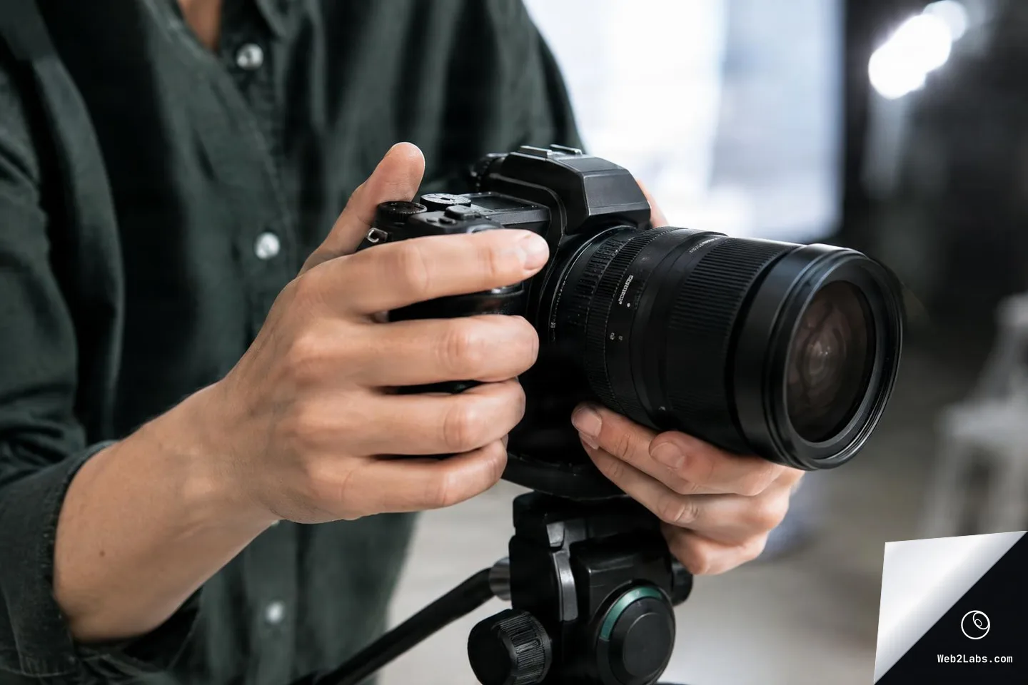 Close-up of hands adjusting a camera with a large zoom lens mounted on a tripod in a studio setting.