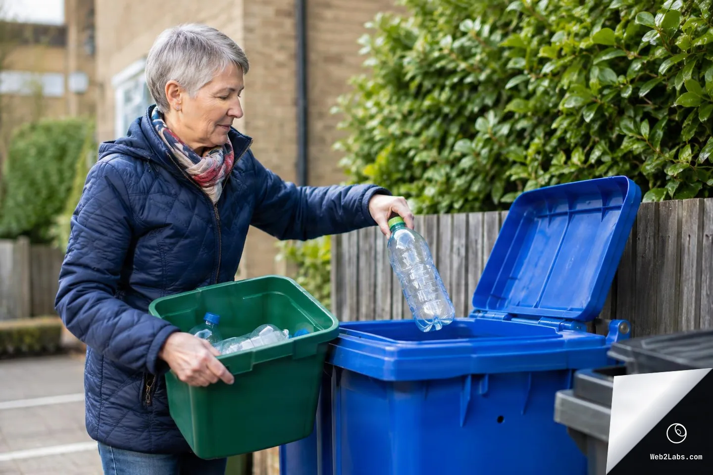 Older woman in a blue jacket puts a plastic bottle into a blue recycling bin while holding a green tub of empty bottles outside near a fence and bushes.