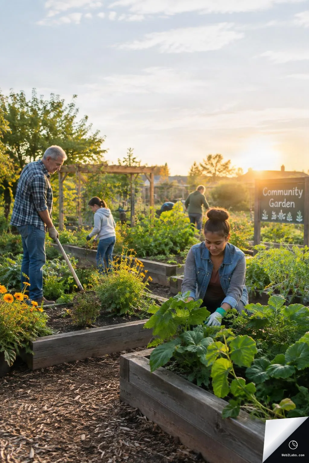 People gardening in raised beds at sunset, with a woman planting in the foreground and a sign reading "Community Garden" in the background.