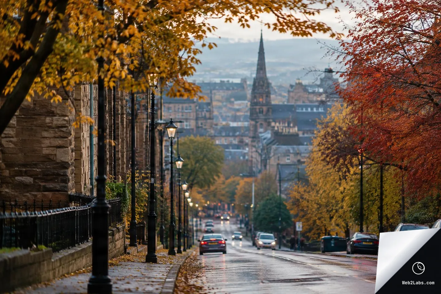 A wet city street lined with old stone buildings and black street lamps, framed by yellow and red autumn trees, with cars driving downhill toward a distant church spire.