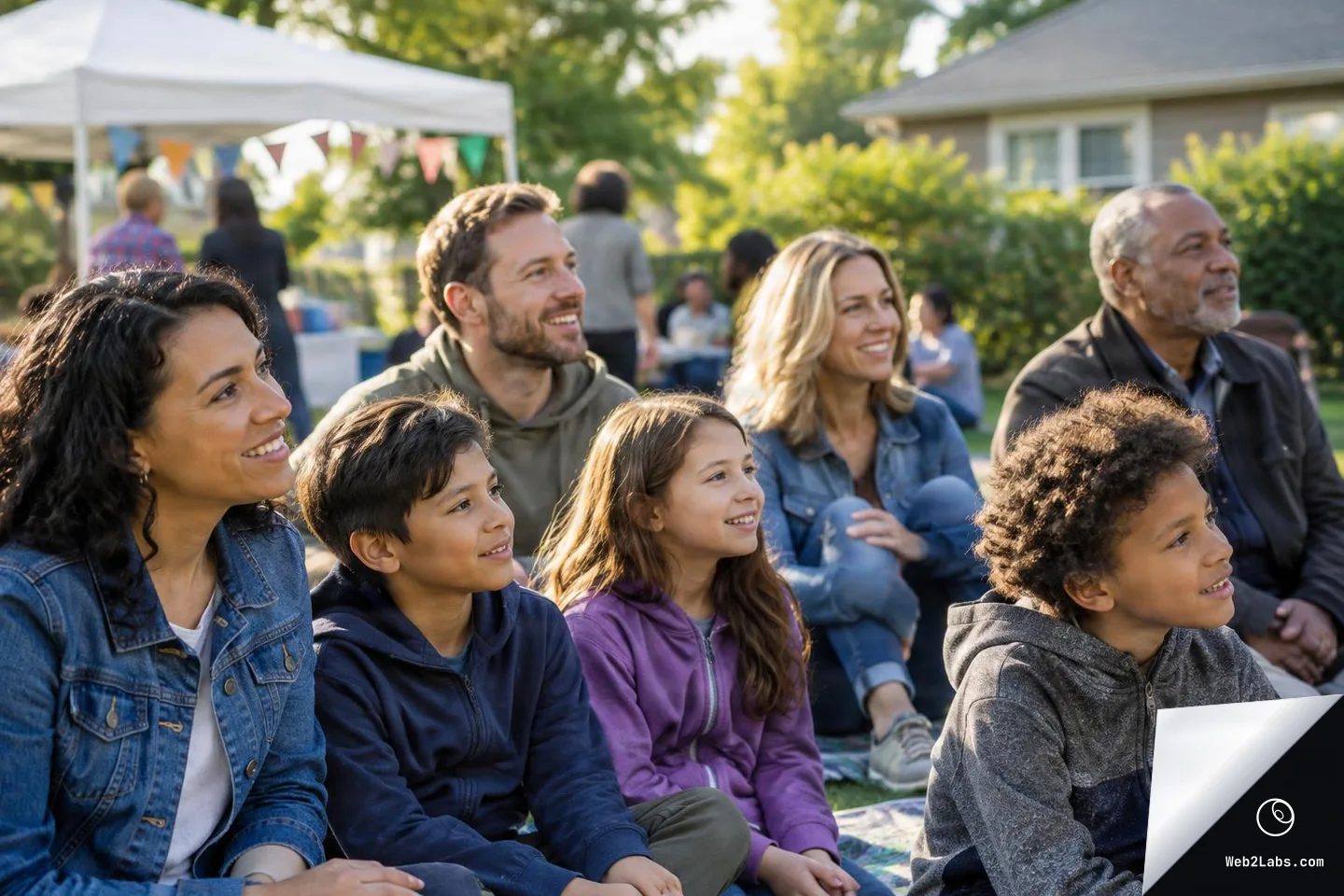 Adults and children sitting on blankets at a backyard neighborhood gathering, smiling and looking to the right toward an off-camera shared focal point, with a canopy tent and bunting in the background.