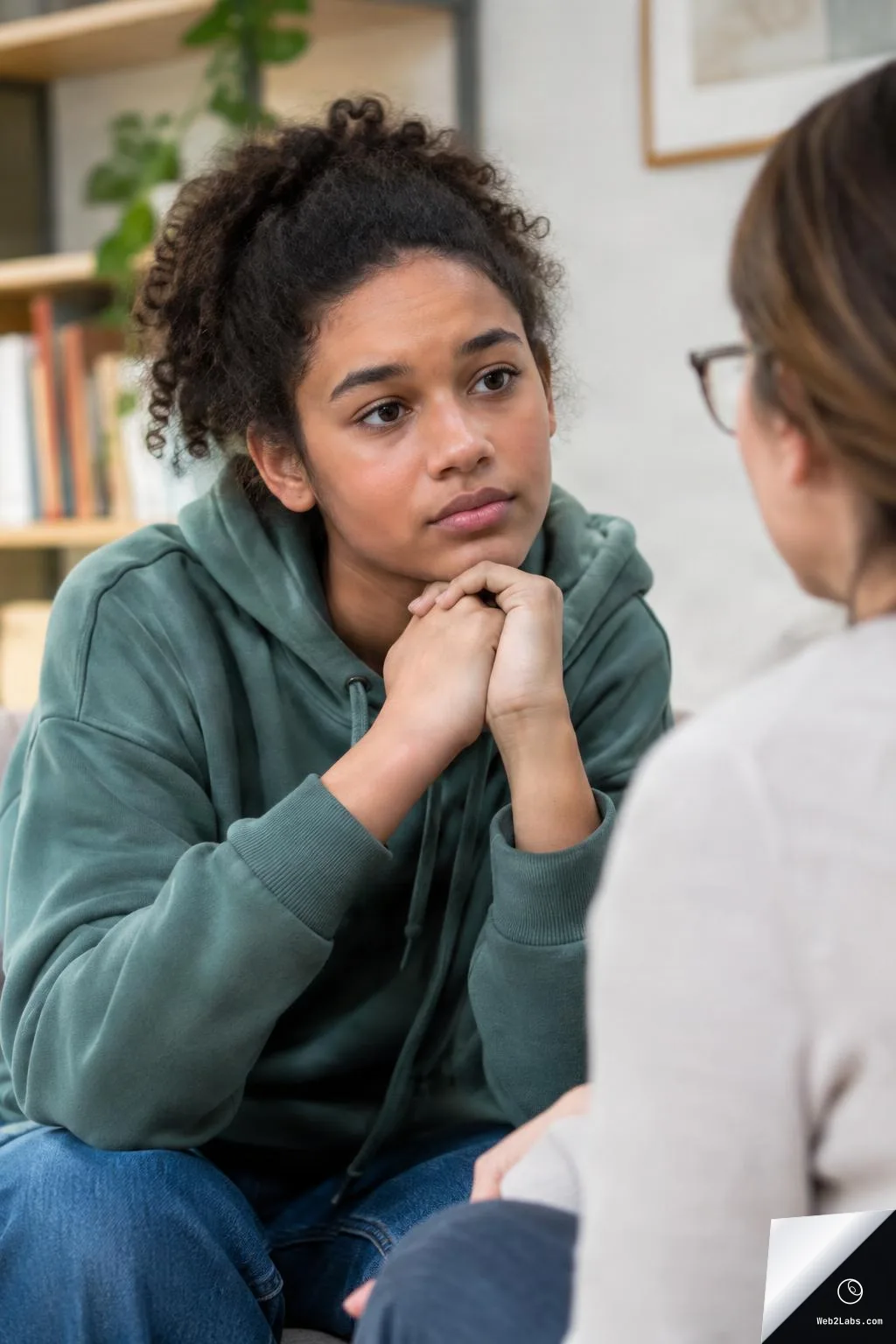 Close-up of a teen in a green hoodie resting her chin on her hands and listening to a counselor seated in the foreground, in a calm office setting.