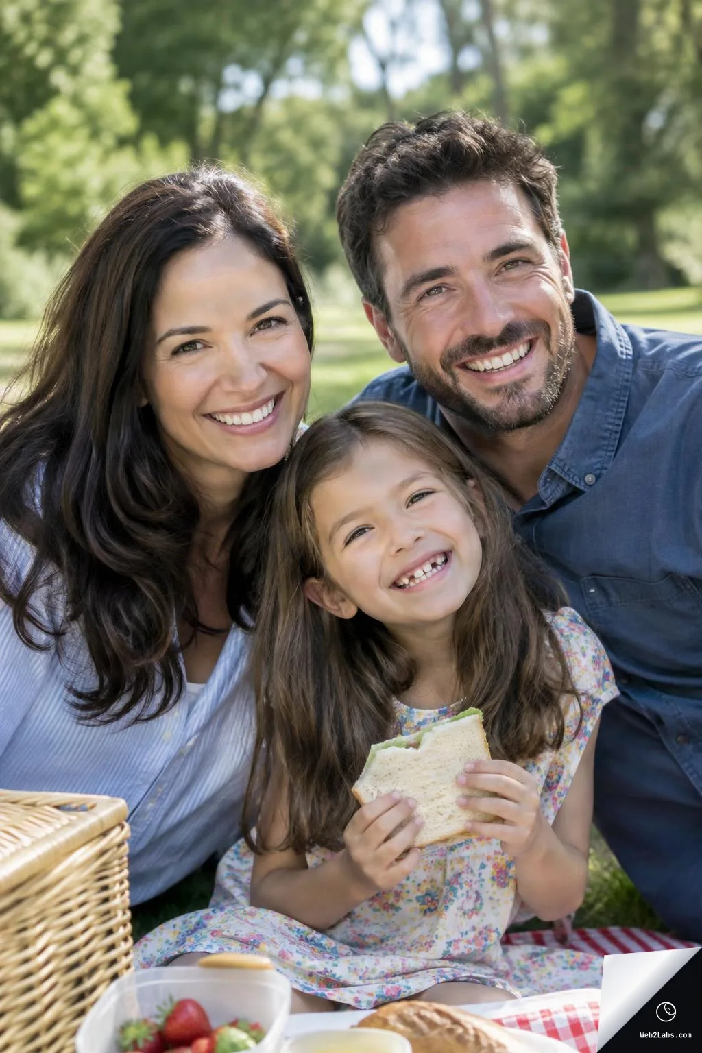 Close-up of a smiling mother and father sitting behind their young daughter on a picnic blanket in a green park; the girl holds a sandwich, with a wicker basket and fruit visible in the foreground.