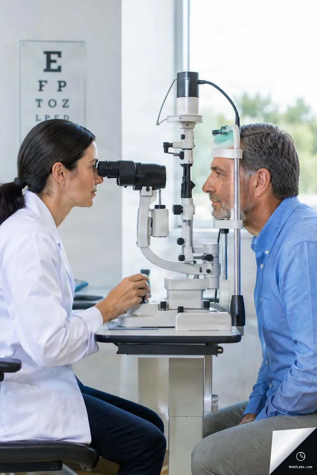 Side view of a female optometrist using a slit lamp microscope to examine an older male patient's eyes in an eye clinic, with an eye chart in the background.