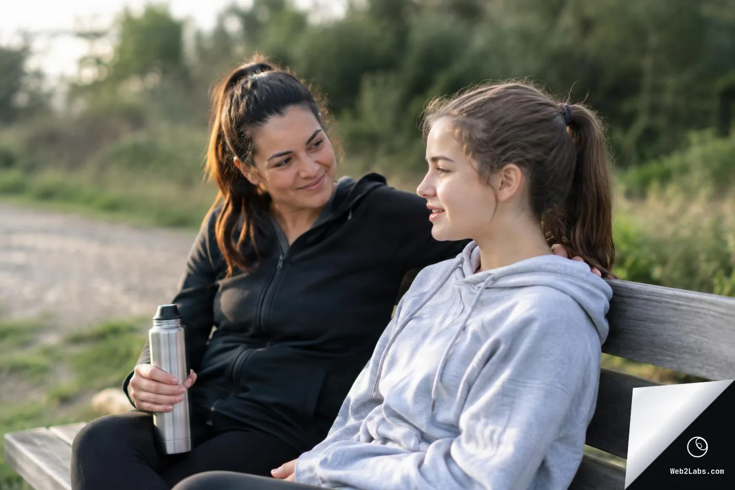 An adult woman in a black hoodie sits on a wooden bench with her arm around a teenage girl in a gray hoodie, holding a metal water bottle as they talk outdoors in a green park setting.