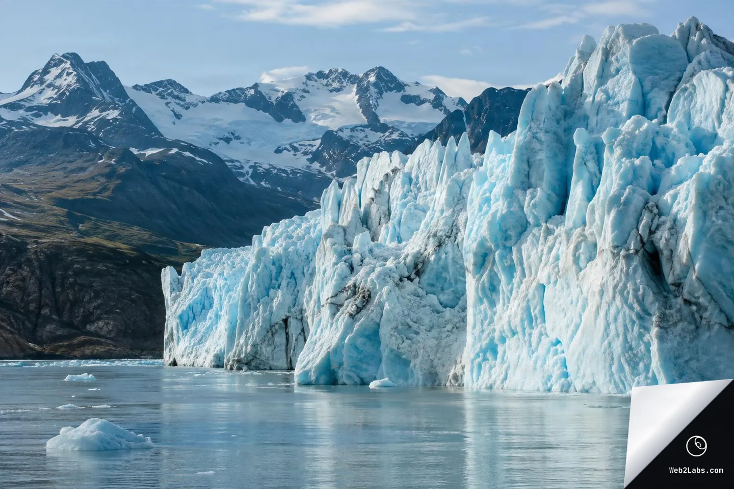 Side-lit blue glacier wall with jagged ice spires along a calm fjord, small ice chunks floating in the water, and snow-covered mountains in the background under a pale blue sky.