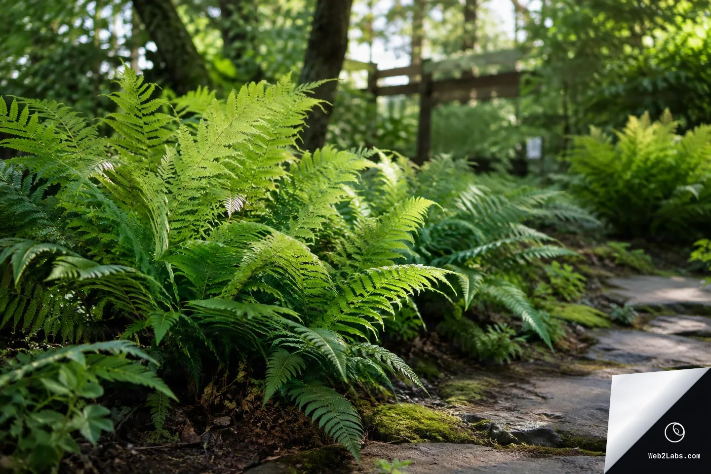 Bright green fern fronds in dappled sunlight beside a stone path in a shaded garden, with trees and a blurred wooden structure in the background.
