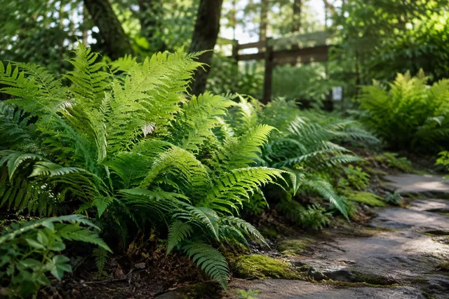 Sunlit Ferns Along Garden Path