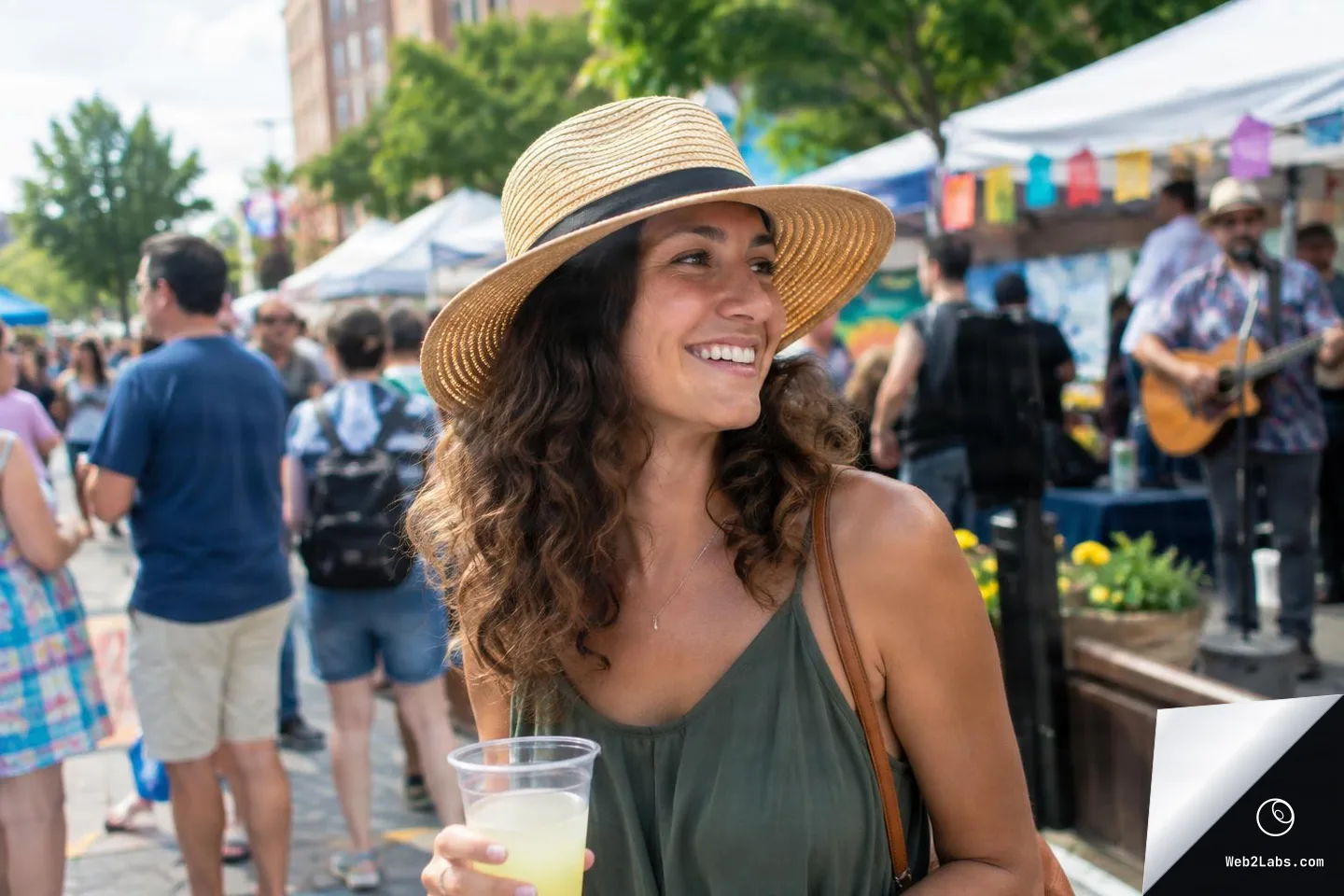 Smiling woman wearing a straw hat and green dress holds a clear plastic cup at a busy outdoor street festival with vendor tents and a musician blurred in the background.