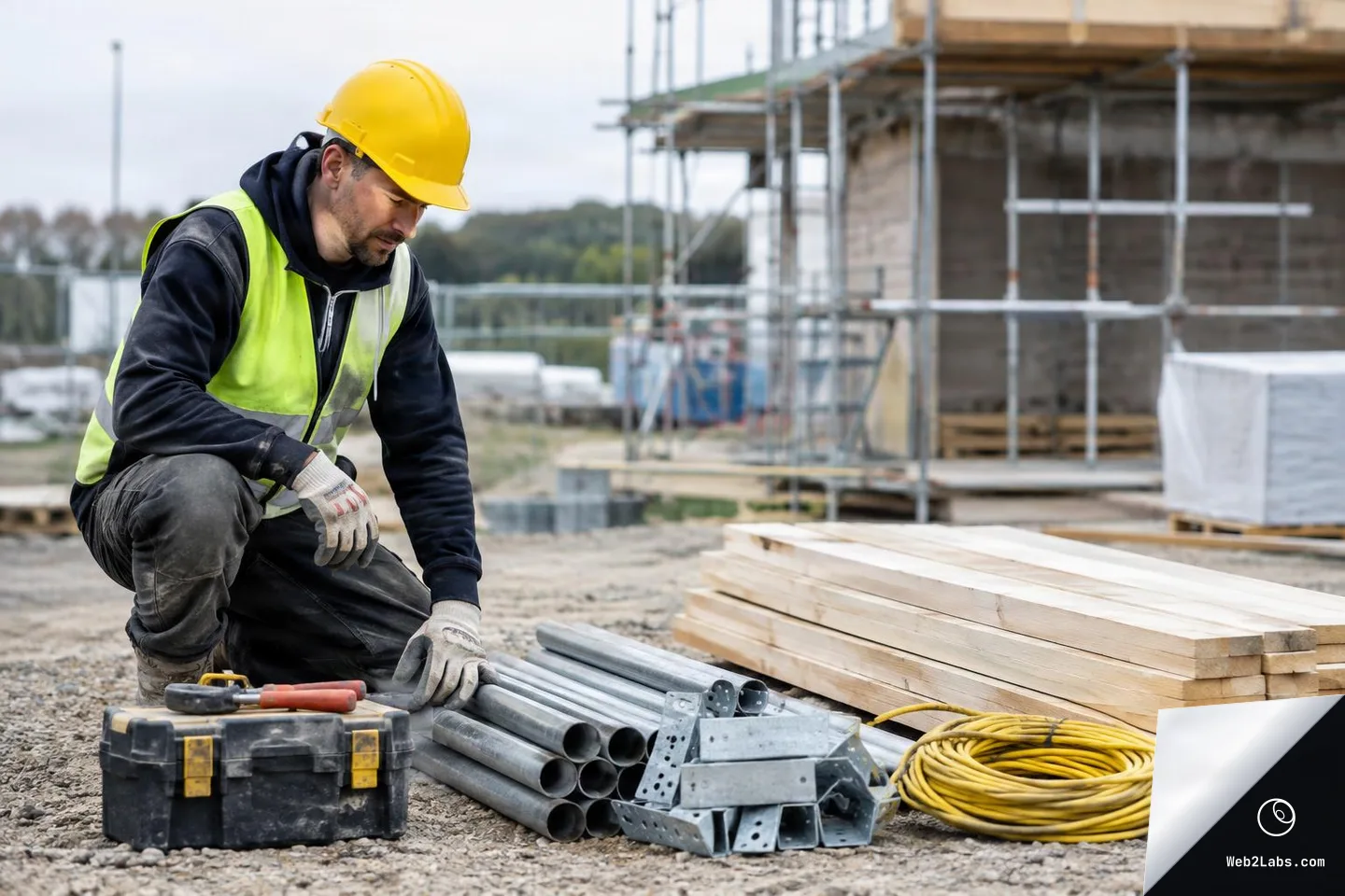 Construction worker kneeling on gravel next to a toolbox, stacked wooden boards, bundled metal pipes and brackets, and a coiled yellow extension cable, with scaffolding and a partially built structure in the background.