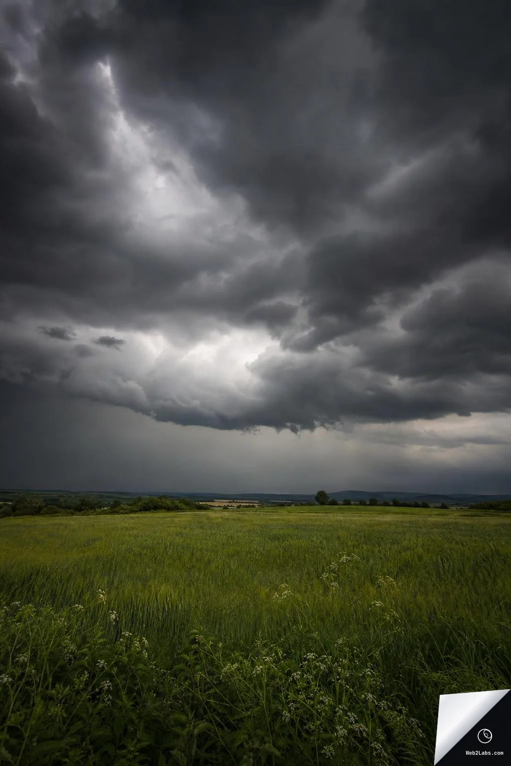 Dark storm clouds with a bright break in the cloud cover over a wide green meadow and distant low hills on the horizon.