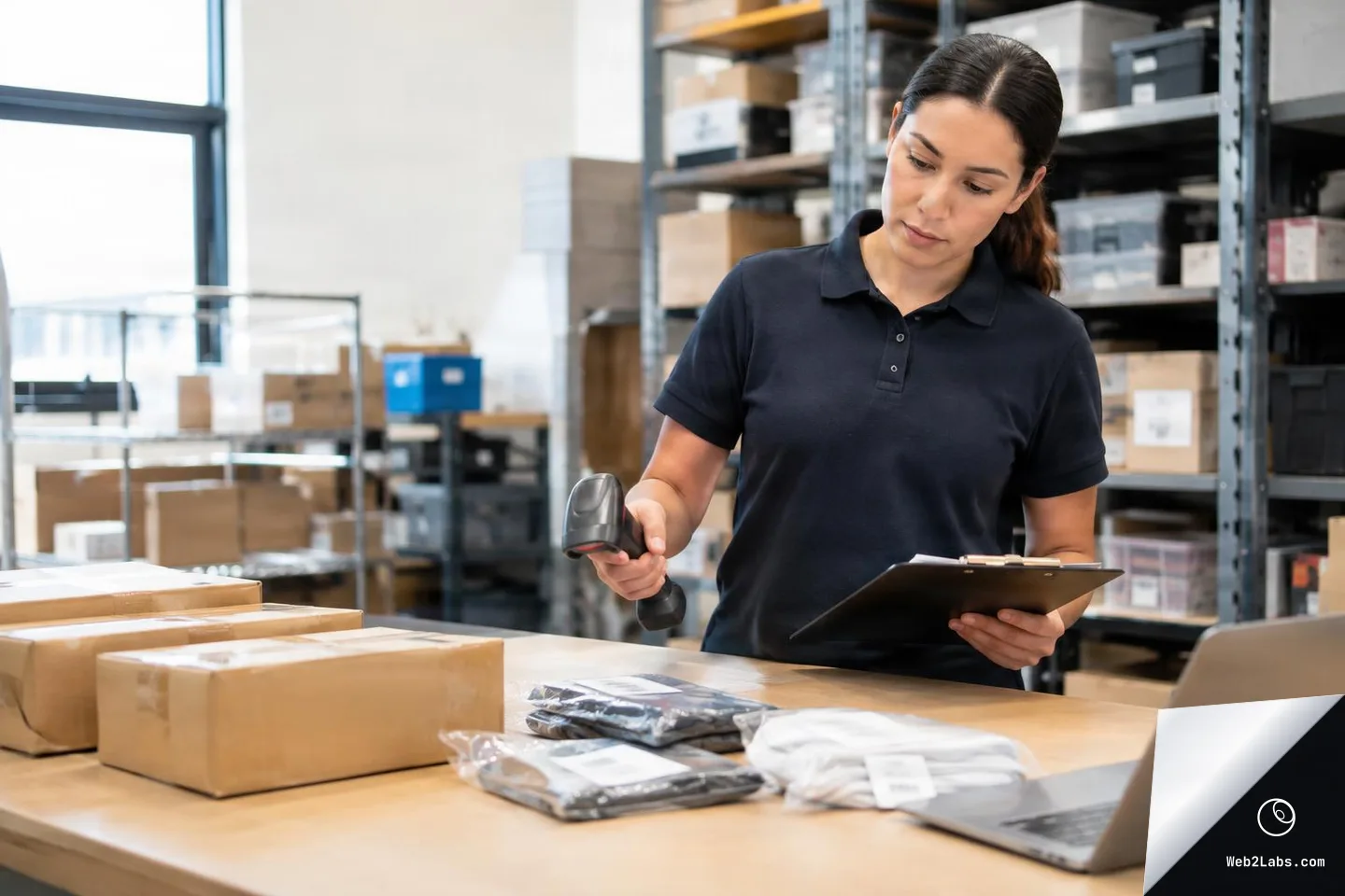 Woman in a warehouse scanning packages with a handheld barcode scanner while holding a clipboard, with boxes on a table and shelving in the background.