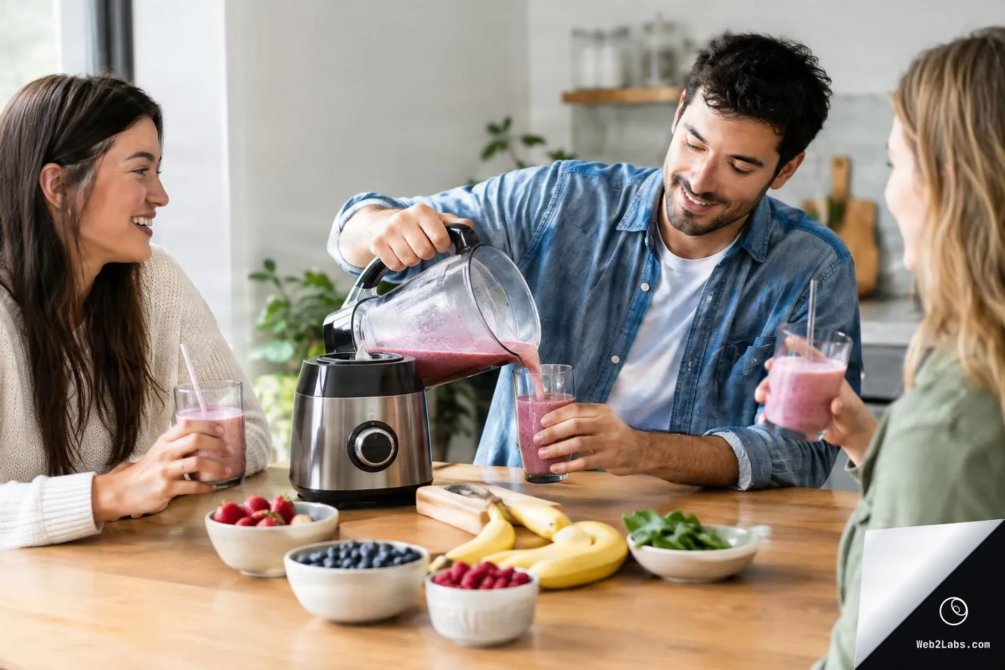 Man pours a pink berry smoothie from a blender jug into a glass at a wooden kitchen table while two women hold smoothies; bowls of berries and bananas sit in the foreground.