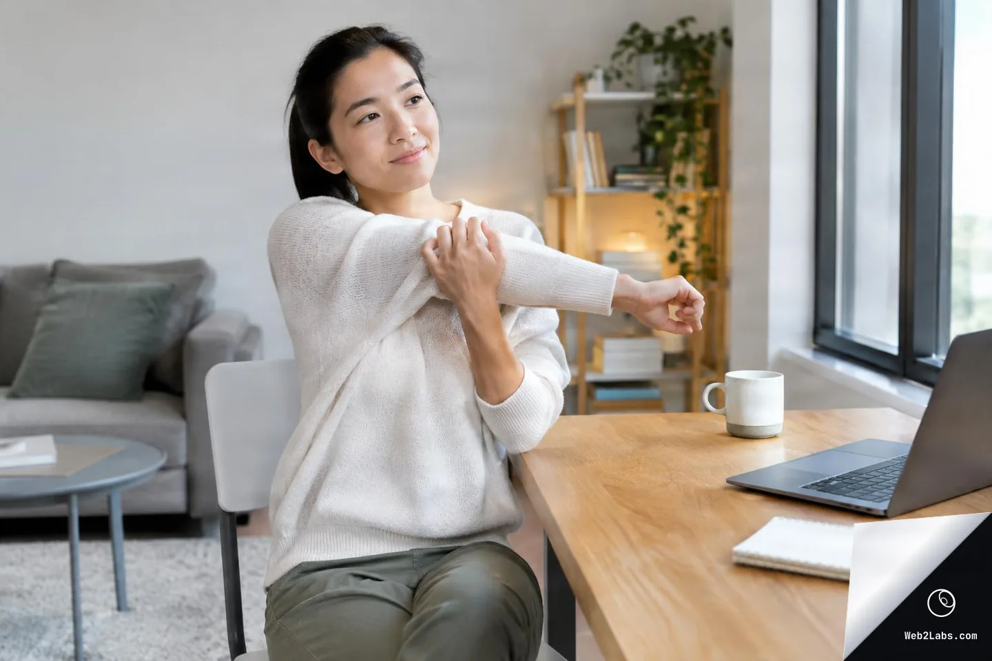 Woman seated at a wooden desk near a window doing an arm and shoulder stretch, with a laptop, notebook, and mug on the table in a bright home office.